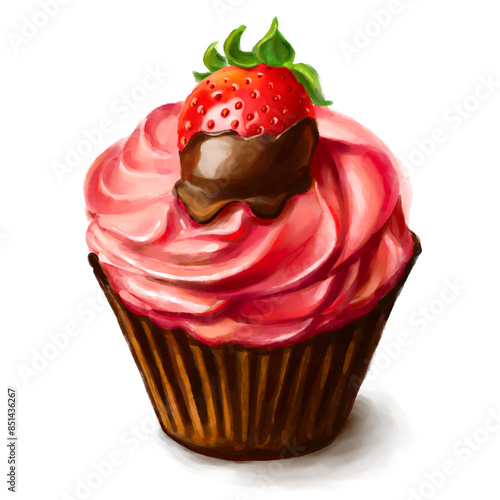Appetizing muffin with cream and strawberry in chocolate, digital watercolor