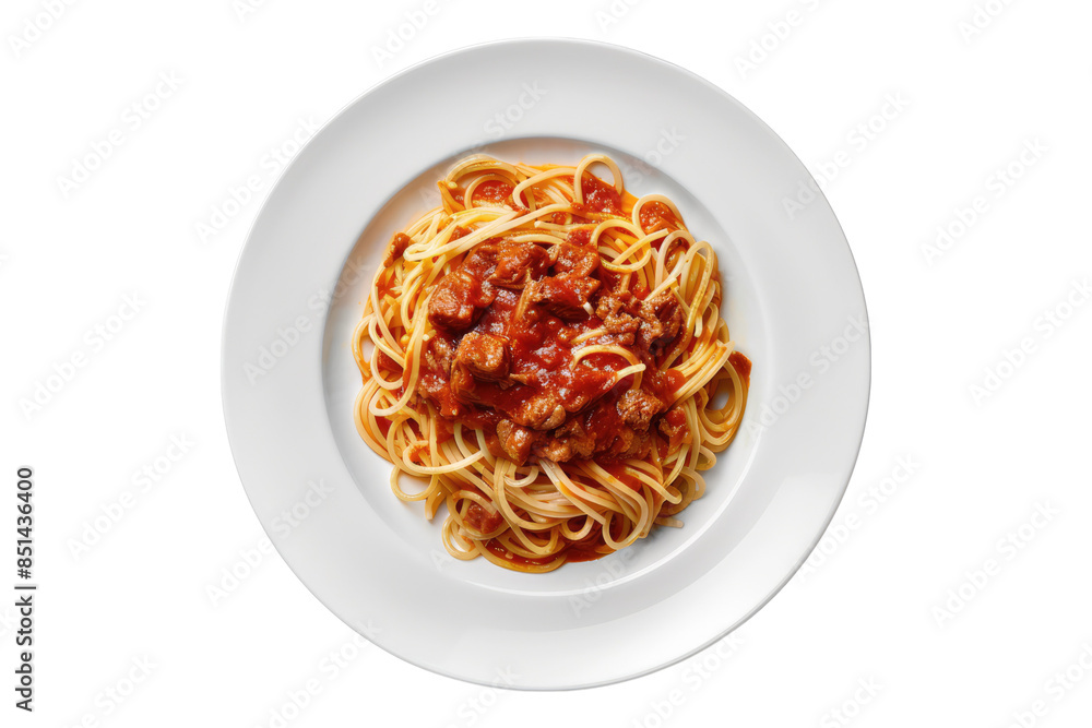 White plate with spaghetti with meat isolated on transparent background White plate with spaghetti with meat isolated on transparent background
