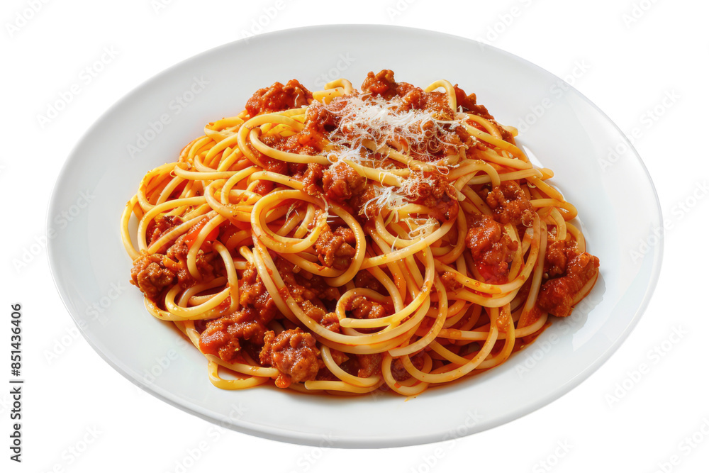 White plate with spaghetti with meat isolated on transparent background White plate with spaghetti with meat isolated on transparent background