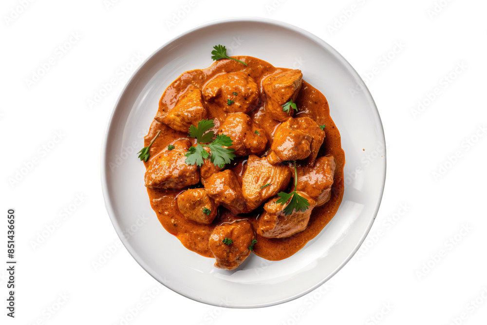 White plate of chicken tikka isolated on transparent background White plate of chicken tikka isolated on transparent background