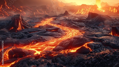  Molten lava flowing through a landscape, creating a dramatic and intense natural phenomenon
