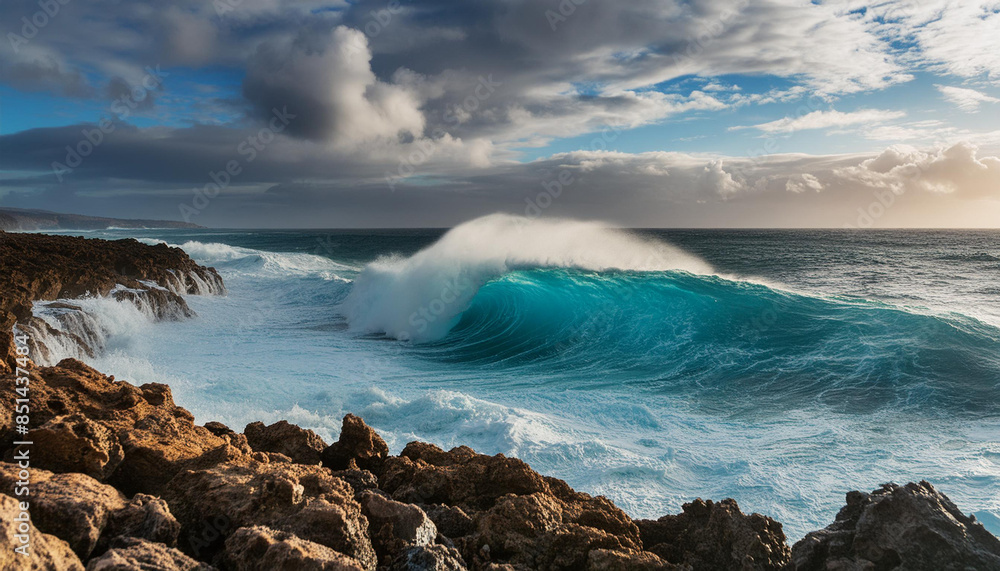 Powerful Ocean Wave Crashing Against Rocky Coastline Powerful Ocean Wave Crashing Against Rocky Coastline