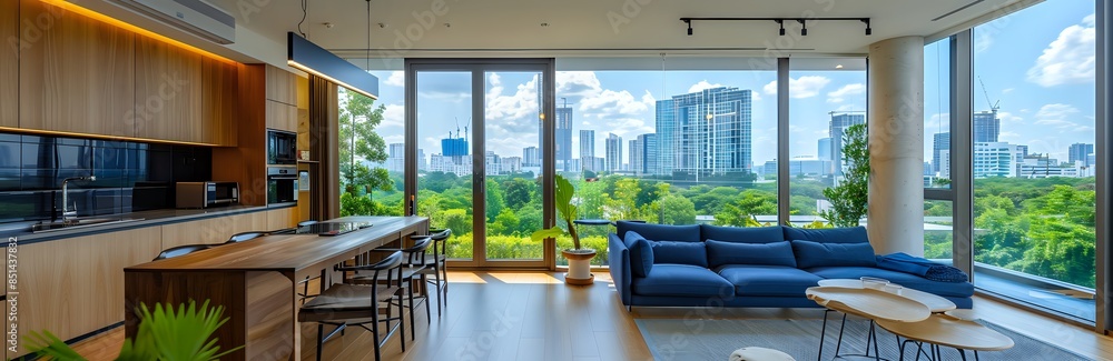 Obraz premium Woman in modern living room with large window overlooking city