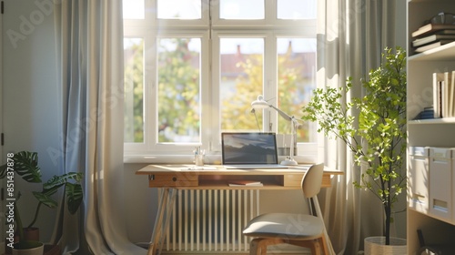 A bright and organized home office setup with a large desk, comfortable chair, and a window view. photo