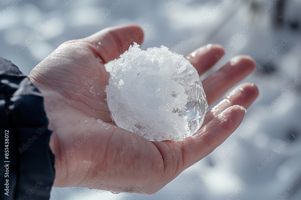 Fototapeta premium Hand Holding Snowball on Winter Day.