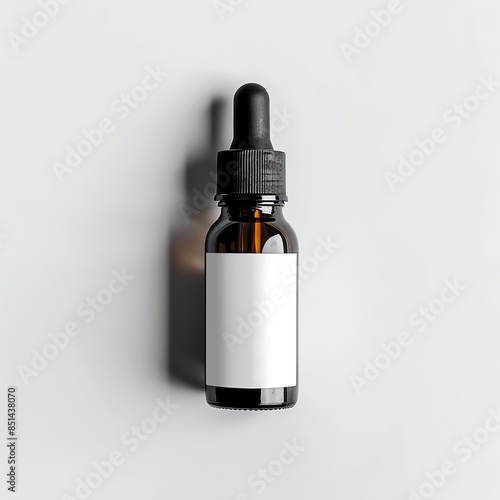 Professional shot of a serum bottle with a dropper, featuring a minimalist label design, standing upright on a pure white background with soft, natural lighting.