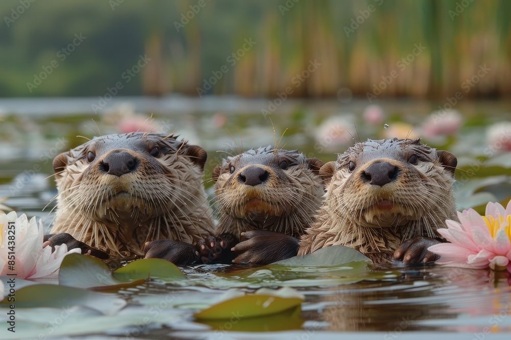 A family of otters floating on their backs in a calm river, holding hands to stay together. They are surrounded by water lilies and reeds A family of otters floating on their backs in a calm river, holding hands to stay together. They are surrounded by water lilies and reeds