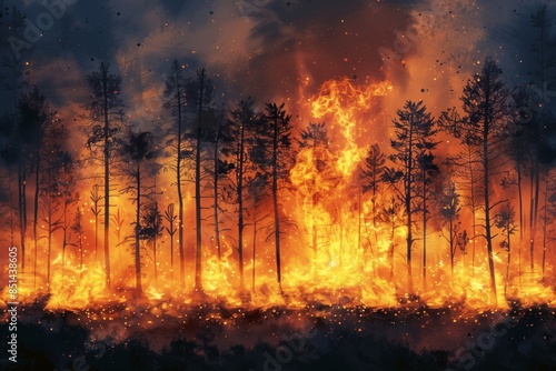 Intense Forest Fire at Night.