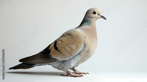 Serene dove bird captured in a tranquil dance pose against a plain white background. © baran