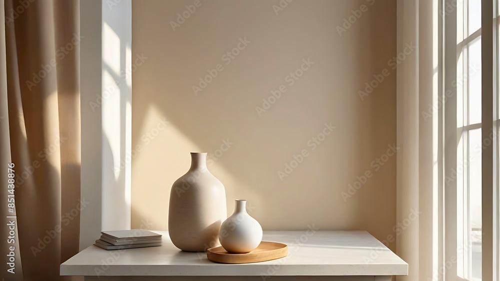 Modern living room with ceramic vase on the table, sunlight from window reflect on beige wall. Interior design with copy space for product presentation, backdrop, background, wallpaper Modern living room with ceramic vase on the table, sunlight from window reflect on beige wall. Interior design with copy space for product presentation, backdrop, background, wallpaper