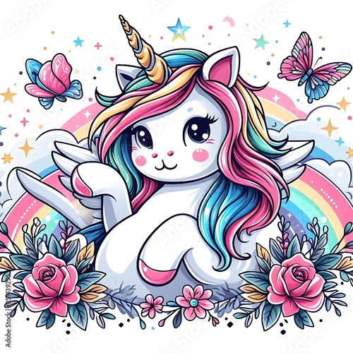 A cartoon unicorn design colours graphic with rainbow and butterflies.
