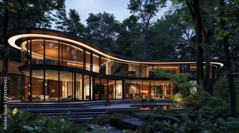 A sleek, futuristic house with a curved glass facade and a perfectly maintained lawn with geometric patterns and water features A sleek, futuristic house with a curved glass facade and a perfectly maintained lawn with geometric patterns and water features