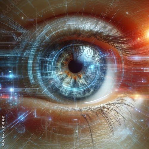 A detailed close-up of a cybernetic eye with a futuristic digital overlay, symbolizing advanced technology, augmented vision, and the integration of human and machine.. AI Generation