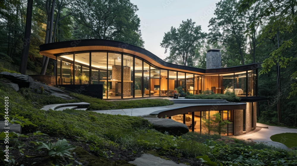 Modern architectural masterpiece surrounded by a tranquil zen garden at dusk. Modern architectural masterpiece surrounded by a tranquil zen garden at dusk.