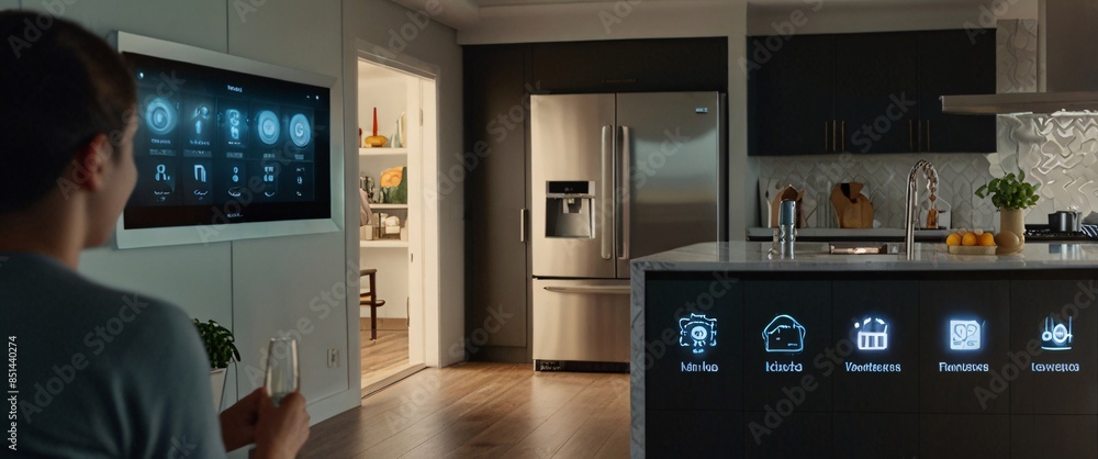 power of the Internet of Things with a visually stunning image of a smart home filled with various connected devices and appliances AI, such as smart refrigerators, coffee makers, and ovens