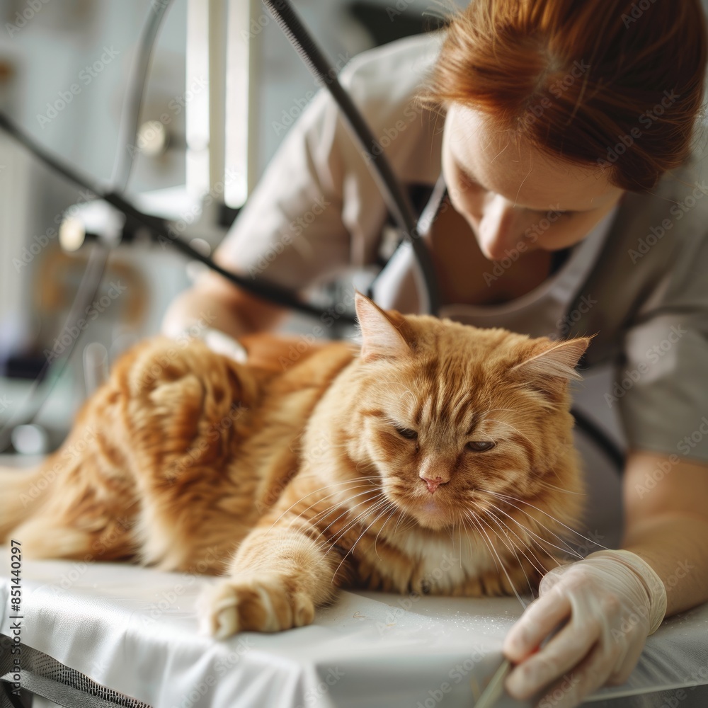 Professional Pet Grooming: Tranquil Cat Care Session in Well-Lit Salon