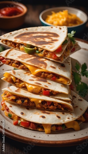 Freshly made quesadillas filled with a cheesy, chicken, and vegetable mixture, garnished with lime and cilantro, perfect for a tasty and satisfying meal