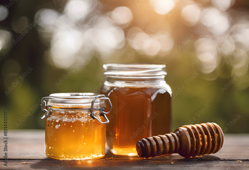 Two jars of honey, one with a clasp lid and the other with a screw lid, placed on a wooden surface outdoors. A honey dipper is placed beside the jars. The background is blurred. National Honey Month. Two jars of honey, one with a clasp lid and the other with a screw lid, placed on a wooden surface outdoors. A honey dipper is placed beside the jars. The background is blurred. National Honey Month.