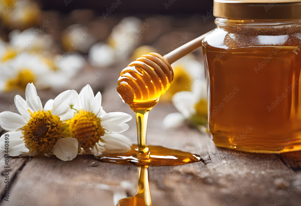 A jar of honey with a honey dipper, surrounded by chamomile flowers on a wooden surface. National Honey Month. A jar of honey with a honey dipper, surrounded by chamomile flowers on a wooden surface. National Honey Month.