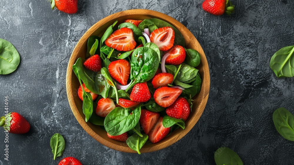 Top view wooden bowl filled with healthy salad fresh strawberries spinach leaves, hunger organic Top view wooden bowl filled with healthy salad fresh strawberries spinach leaves, hunger organic