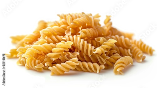Italian pasta known fusilli in pile on white background, extrude boil dry dough