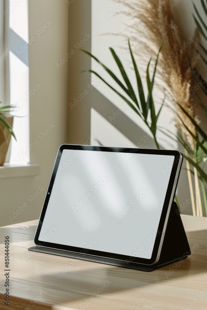 Fototapeta premium A minimalist mockup of a tablet on a desk, ideal for display purposes