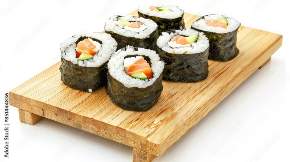 Salmon and Avocado Sushi Rolls on a Wooden Plate Salmon and Avocado Sushi Rolls on a Wooden Plate