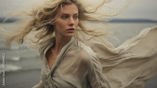 Blonde Girl with Long Hair Walking Along Windy Shoreline