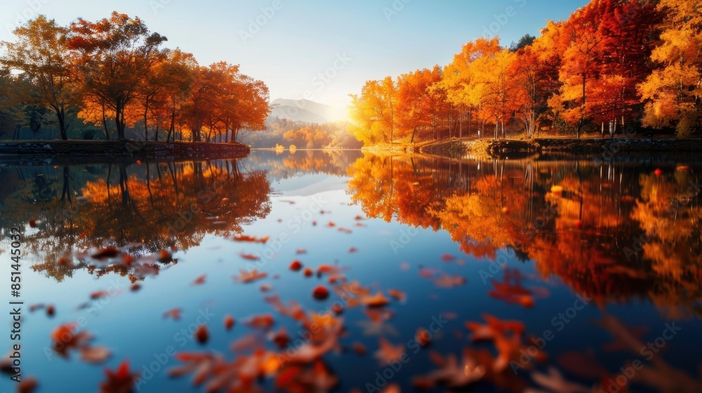 Obraz premium Breathtaking autumn landscape with vibrant foliage reflecting in a serene lake under a clear sky, showcasing nature's beauty in fall.