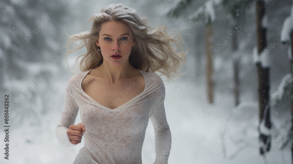 Elegant Blonde in Evening Dress Running in Snowy Mountains Elegant Blonde in Evening Dress Running in Snowy Mountains