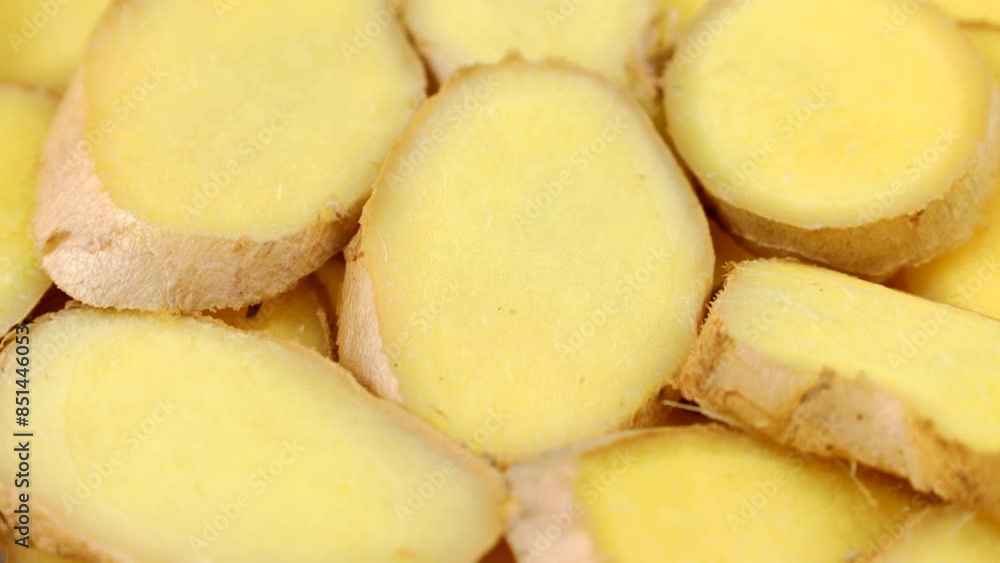 Fresh cut ginger root slices circle rotation close up Fresh cut ginger root slices circle rotation close up