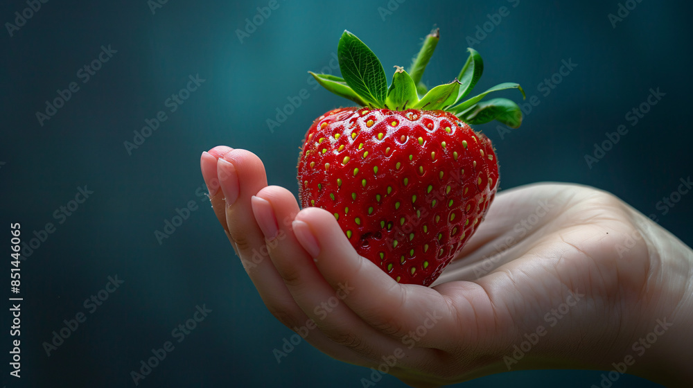 Obraz premium Fresh Strawberry in Woman's Hand - Vibrant Red Color and Juicy Texture with Copy Space