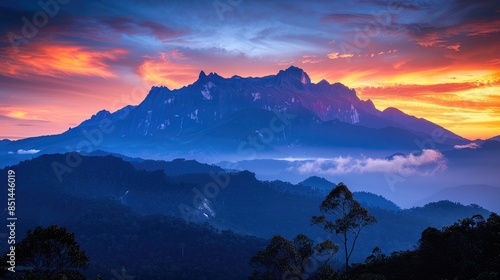 A majestic mountain range silhouetted against a vibrant sunset sky.  Clouds create a soft, ethereal backdrop. photo