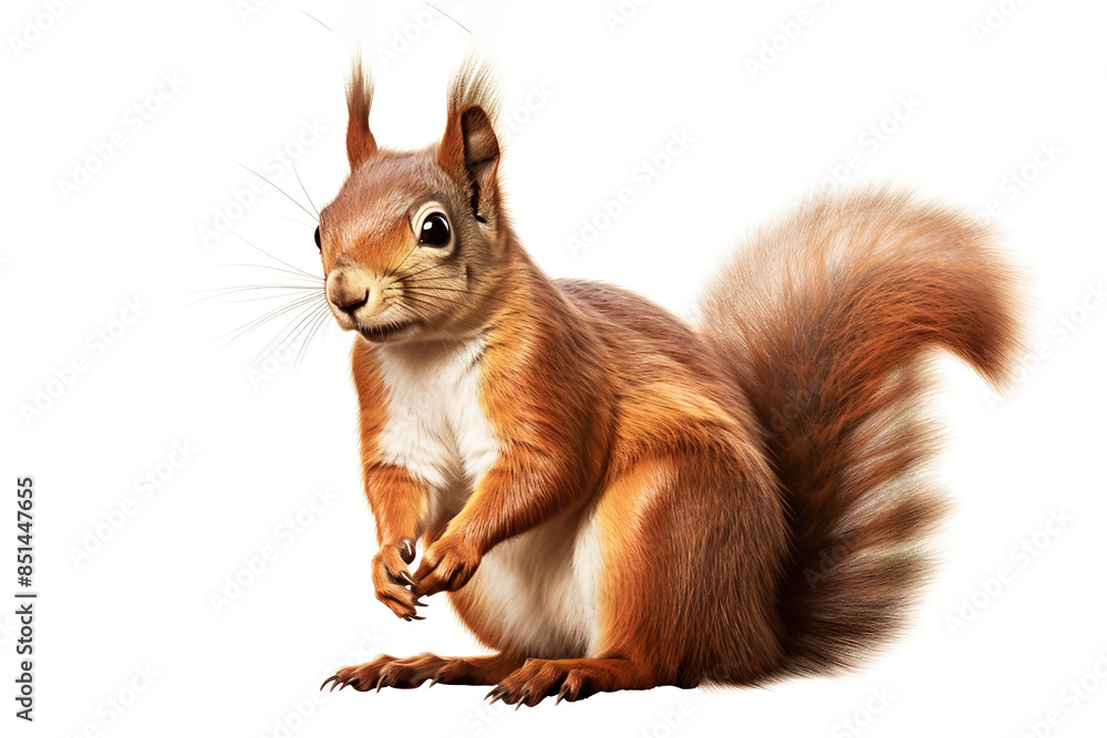A close-up photo of a red squirrel standing alert on its hind legs, with its bushy tail curled up over its back. Wildlife Animals. A close-up photo of a red squirrel standing alert on its hind legs, with its bushy tail curled up over its back. Wildlife Animals.