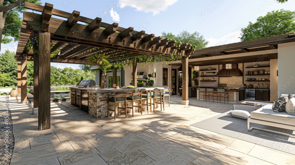 expansive outdoor living space with a custom-built pergola, outdoor kitchen, and a large dining area for entertaining guests expansive outdoor living space with a custom-built pergola, outdoor kitchen, and a large dining area for entertaining guests