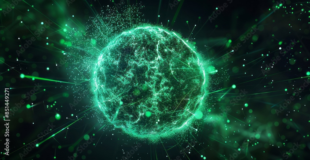 A glowing green sphere made of particles and lines on a black background A glowing green sphere made of particles and lines on a black background