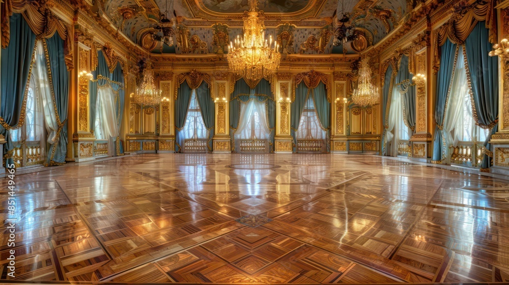 Fototapeta premium opulent ballroom with ornate gold trimmings, velvet drapes, and a glossy parquet dance floor