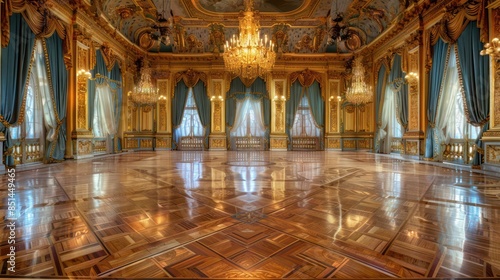 opulent ballroom with ornate gold trimmings, velvet drapes, and a glossy parquet dance floor © Aeman