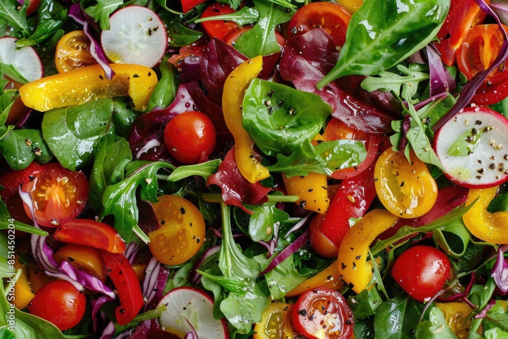 A vibrant salad with fresh vegetables and a homemade dressing A vibrant salad with fresh vegetables and a homemade dressing