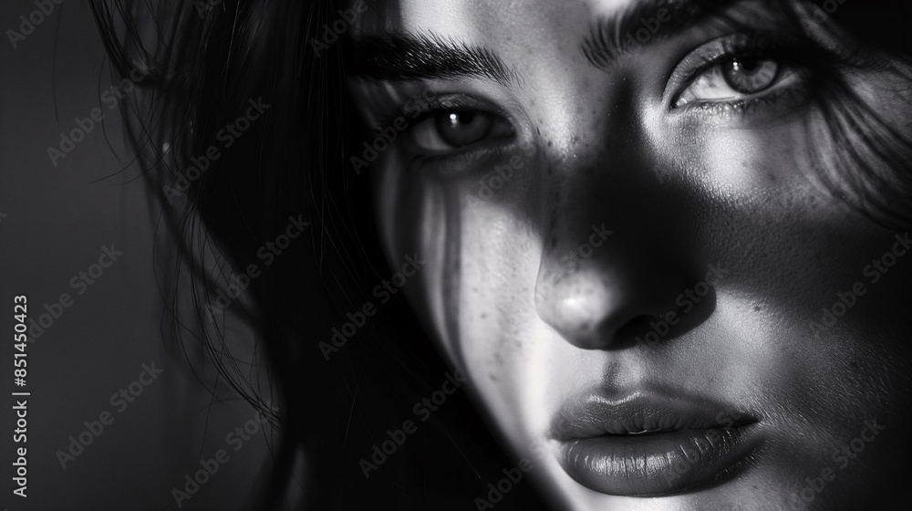 Black and white portrait of a woman with striking eyes, dramatic shadows, and moody expression. Perfect for artistic and emotional themes. Black and white portrait of a woman with striking eyes, dramatic shadows, and moody expression. Perfect for artistic and emotional themes.