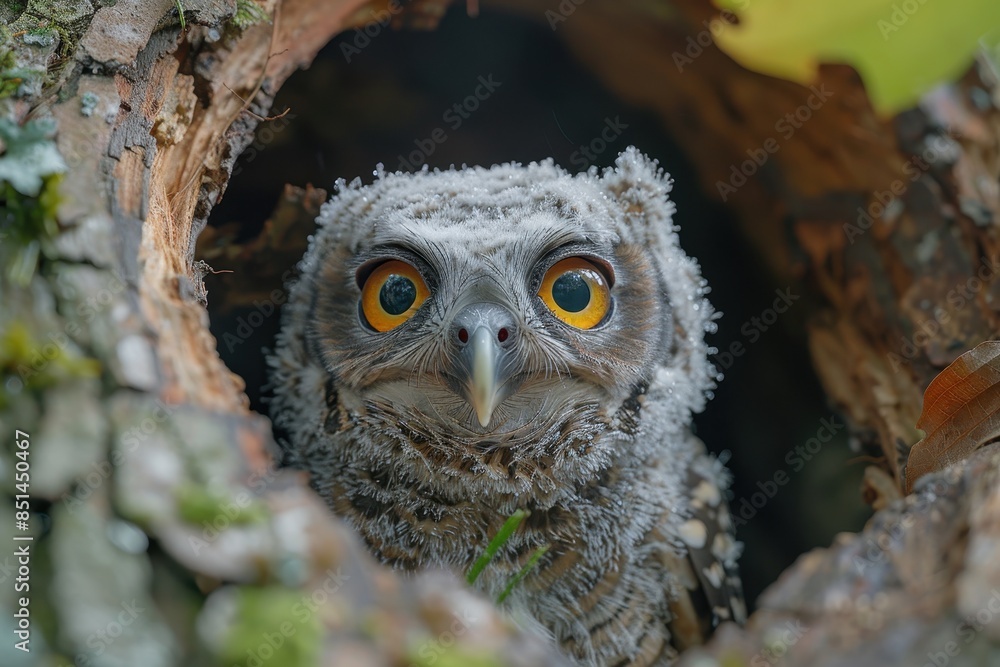 A fluffy baby owl peeking out from a tree hollow, with large, round eyes. The background shows the trunk of an old tree with moss A fluffy baby owl peeking out from a tree hollow, with large, round eyes. The background shows the trunk of an old tree with moss