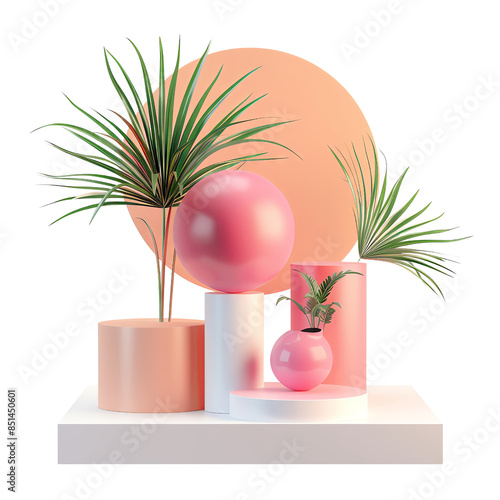Modern abstract composition with geometric shapes and tropical plants in pink and green, perfect for contemporary design projects.