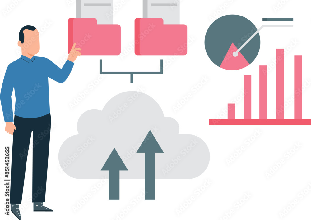 The boy is pointing to the cloud folder network. The boy is pointing to the cloud folder network.
