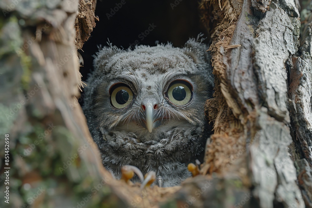 A fluffy baby owl peeking out from a tree hollow, with large, round eyes. The background shows the trunk of an old tree with moss A fluffy baby owl peeking out from a tree hollow, with large, round eyes. The background shows the trunk of an old tree with moss