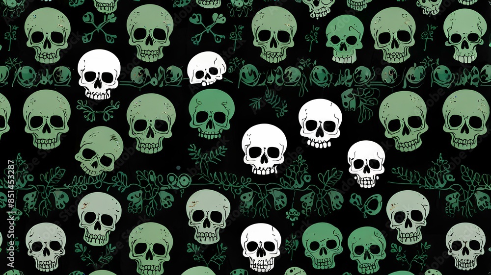 Obraz premium Cute spooky skulls illustration pattern on green black, Halloween seamless pattern design.