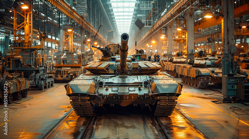 Close-up of military equipment of an armored combat tank in a warehouse