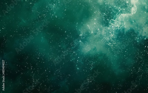 A green and blue background of space with stars, nebulae, and galaxies. A digital illustration of the universe