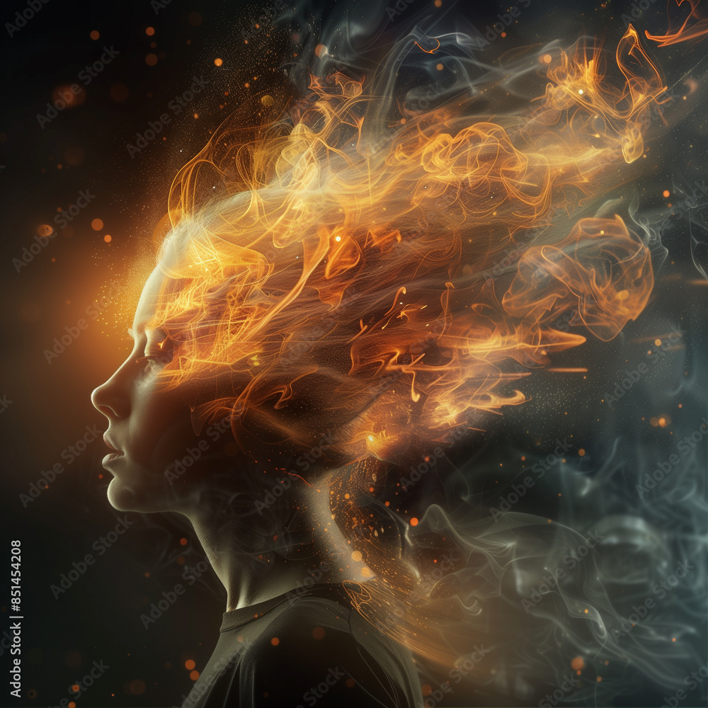 Digital artwork of fiery hair and sparks, symbolizing creativity and passion. Digital artwork of fiery hair and sparks, symbolizing creativity and passion.