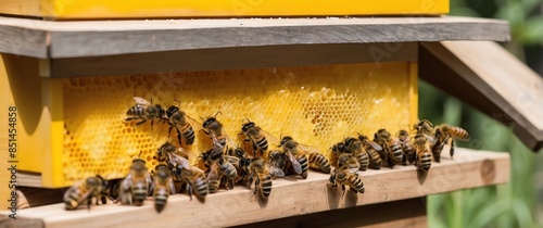 Wooden hive with bees working on honeycomb in a beekeeping environment, showcasing the process of honey production and pollination