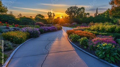 
A serene pathway winding through a garden oasis, flanked by vibrant flowerbeds and verdant foliage, as the setting sun casts long shadows across the landscape. photo